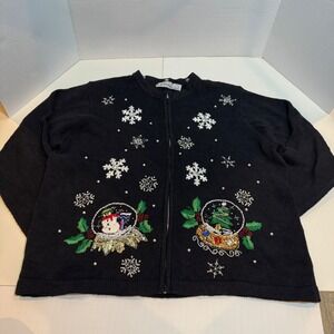 Vtg Stle B.P. Design Ugly Christmas Sweater Women's XL Snowman Beaded Zip Up